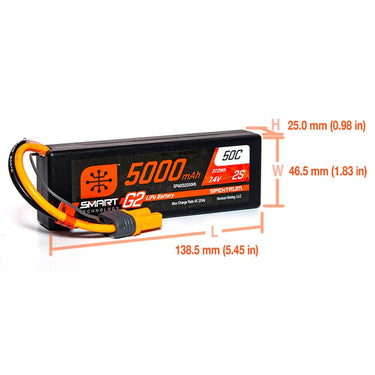 Spektrum SPMX52S50H5 5000mAh 2S 7.4V 50c Smart G2 Hard Case LiPo Battery with IC5 Connector